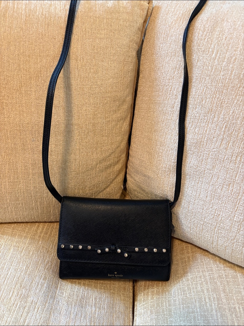 kate spade Black Crystal-Studded Bow Wallet Crossbody